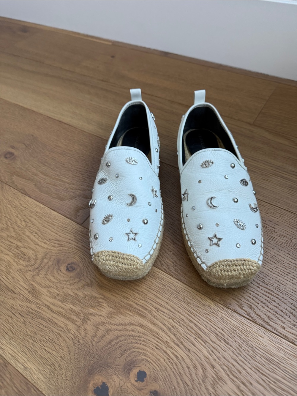 Rebecca Minkoff White Slip-On Espadrilles with Metallic Star & Moon Studs